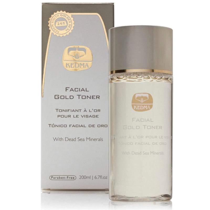 Goldfarbener Toner in einer Glasflasche und Verpackung. Aufschrift: KEDMA, Facial Gold Toner, mit Totem Meer Mineralien. Paraben-frei.
