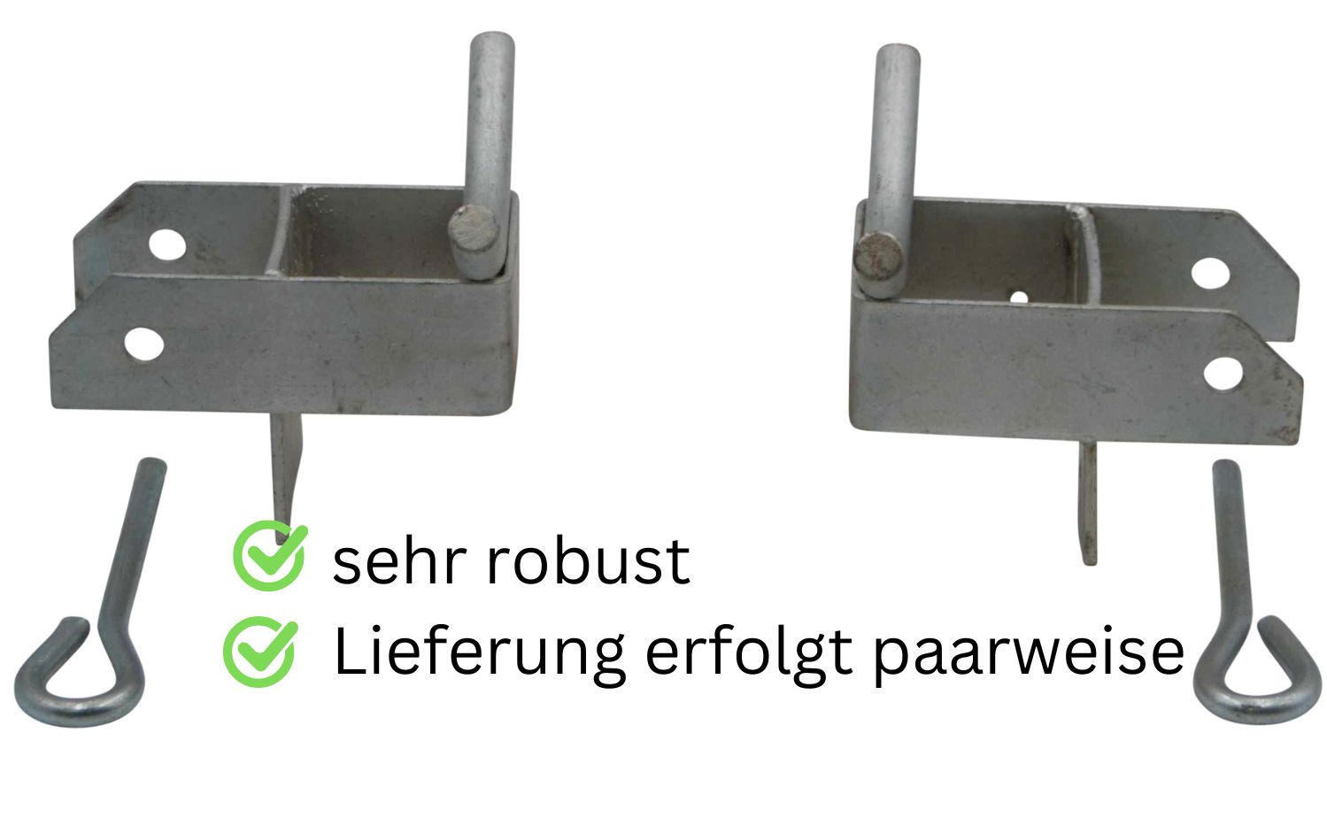 Zwei Metallhalterungen mit Stiften und Sicherungsstiften. Text: sehr robust, Lieferung erfolgt paarweise.