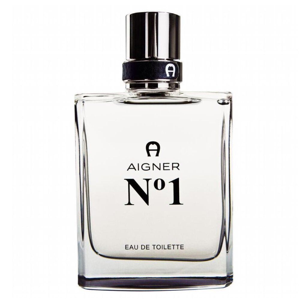 Glasflakon mit schwarzem Verschluss. Aufschrift: AIGNER N°1 Eau de Toilette.