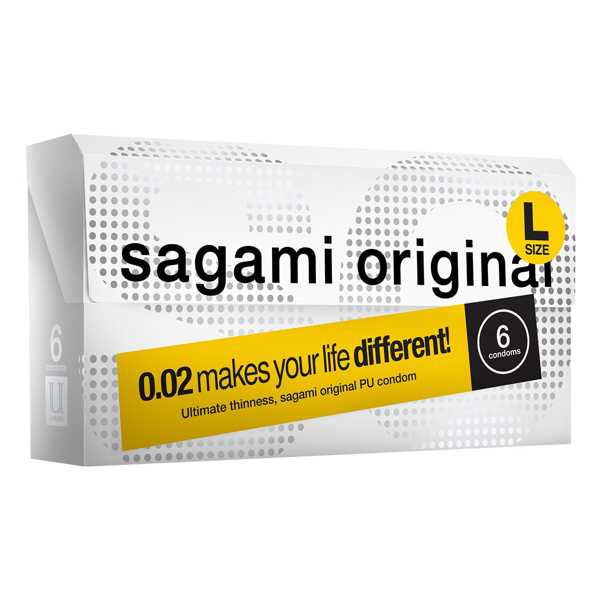 Verpackung mit Kondomen. Aufschrift: Sagami Original, L-Size. Enthält 6 Kondome. Gelber Streifen mit Text: 0.02 makes your life different!