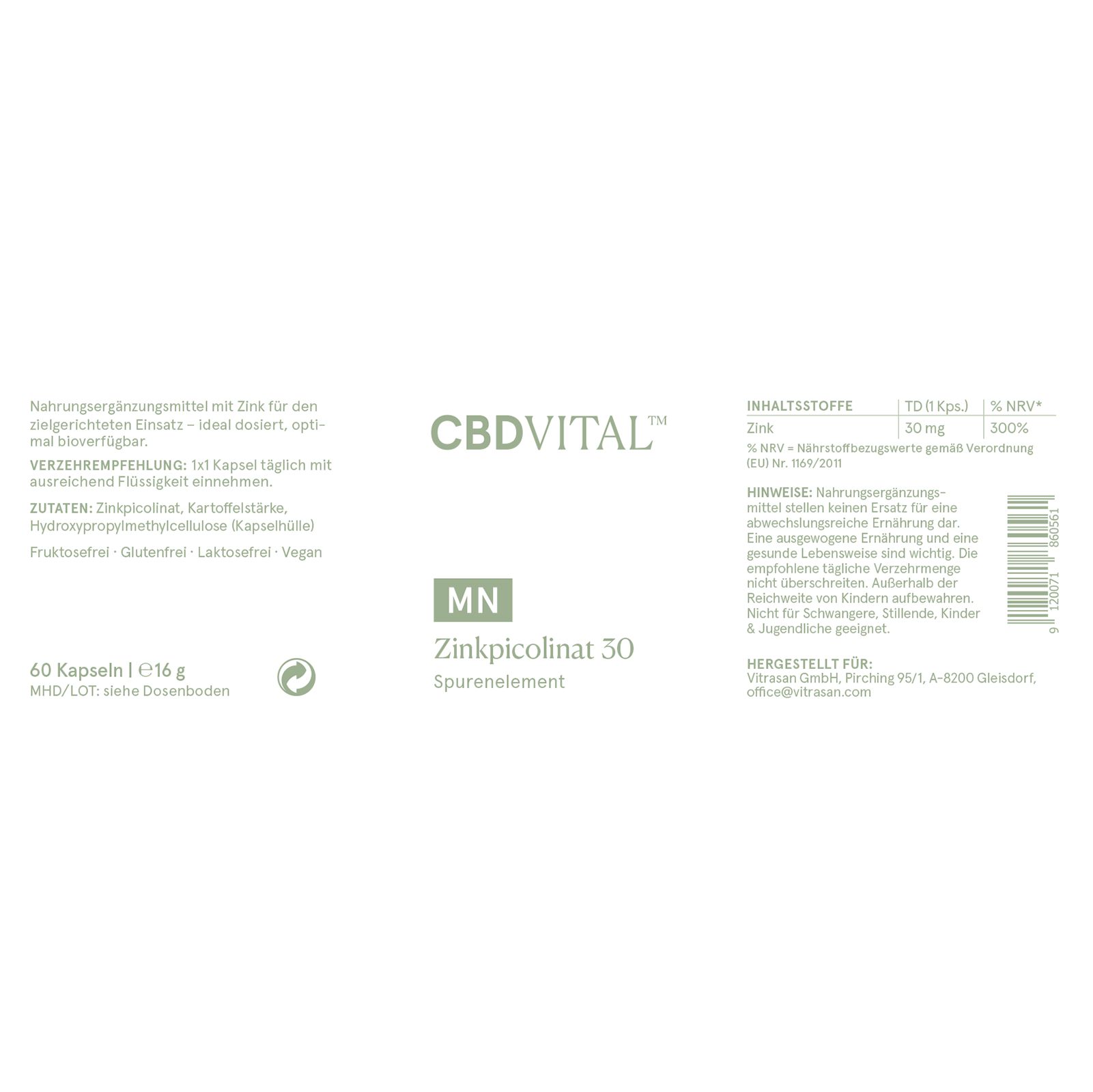Etikett mit Produktinformationen. CBDVITAL, Zinkpicolinat 30, Spurenelement. 60 Kapseln. Inhaltsstoffe und Nährwertangaben.