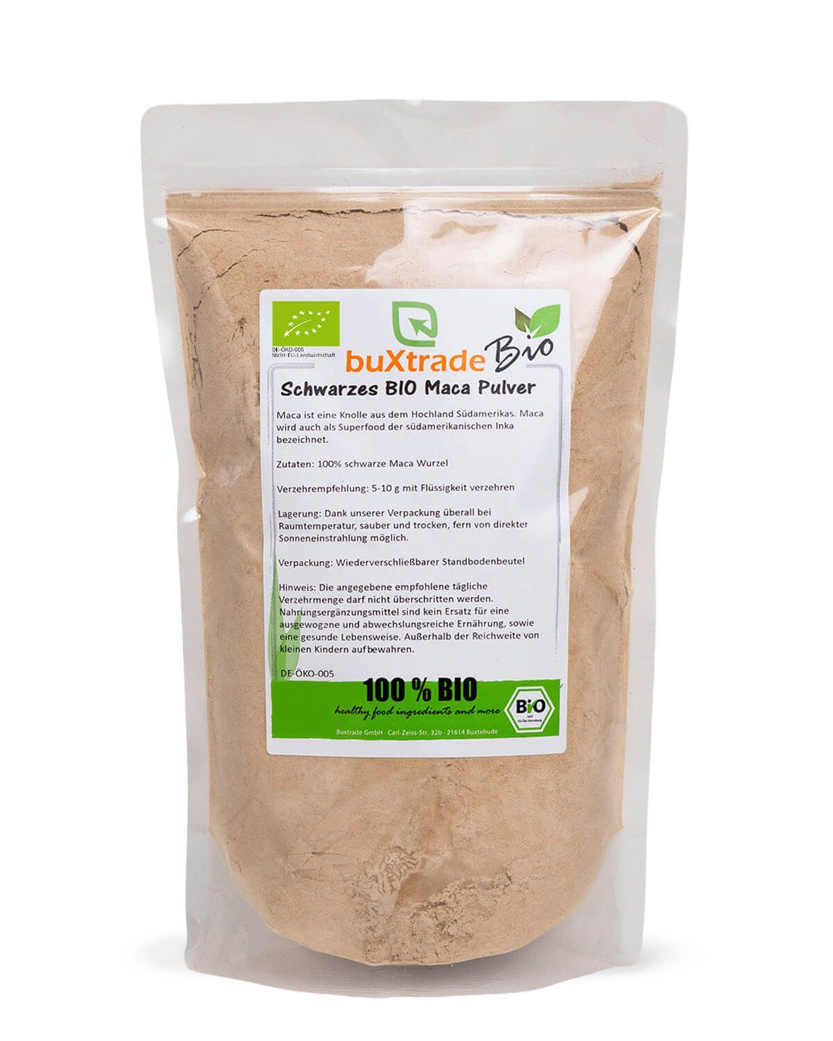 Verpackung mit schwarzem Bio Maca Pulver, 100% Bio-Siegel und Zutatenliste.