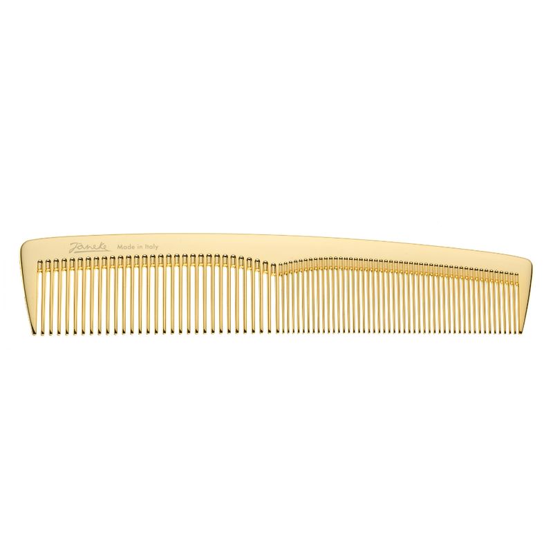 Goldfarbener Kamm mit feinen Zinken. Aufschrift: Janeke, Made in Italy. Gebogene Form.