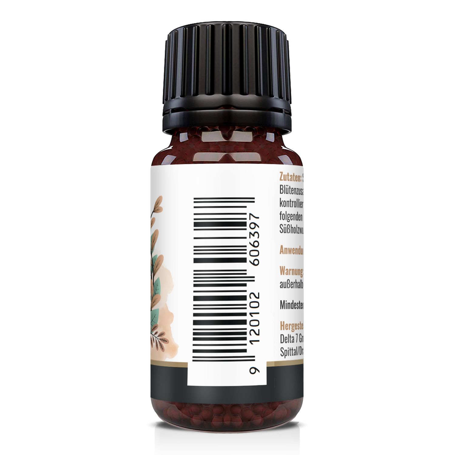 Braune Glasflasche mit schwarzem Deckel. Etikett mit Barcode und Produktinformationen. Nahrungsergänzungsmittel.