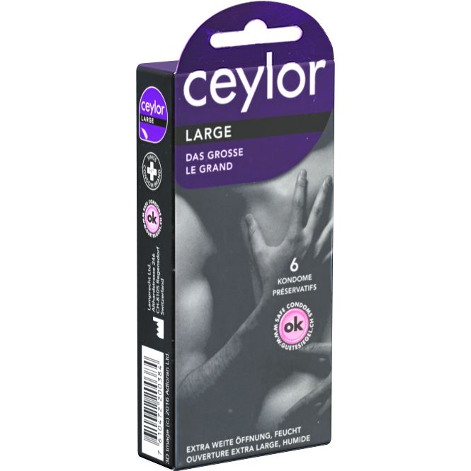 Kondom-Packung. Marke: Ceylor. Aufschrift: LARGE, 6 Kondome. Mit Gleitcreme. Extra weite Öffnung. OK-Siegel.
