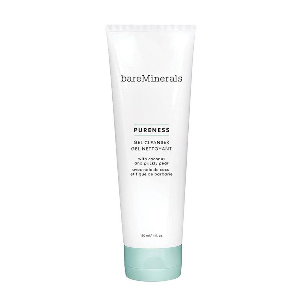Weiße Tube mit grünem Boden. Aufschrift: bareMinerals, PURENESS, GEL CLEANSER, GEL NETTOYANT.