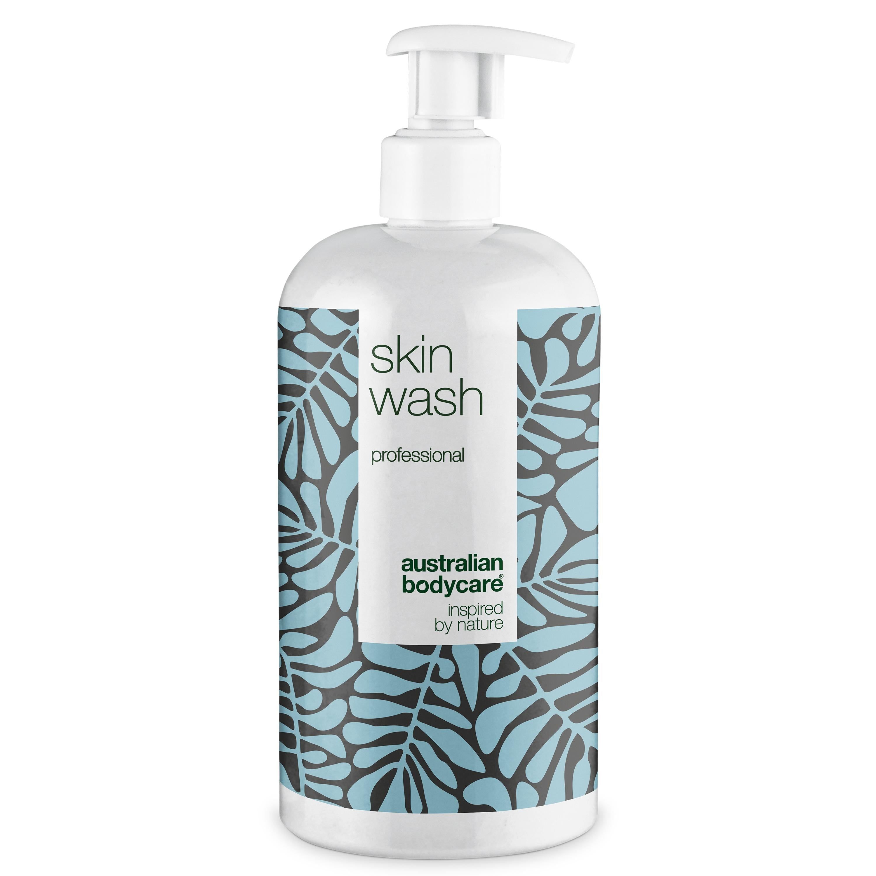 Weiße Flasche mit Pumpe. Aufschrift: Skin Wash professional. Logo: Australian Bodycare.