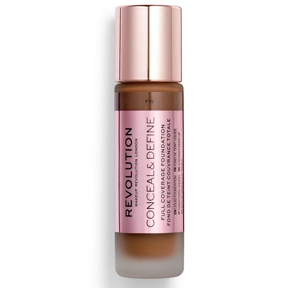 Foundation-Flasche mit roségoldfarbenem Deckel. Rosa Etikett mit Produktnamen und Marke. Glasflasche mit Inhalt.