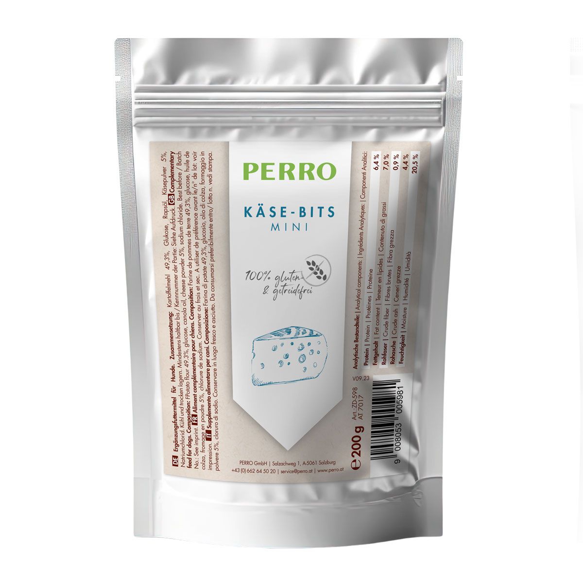 Verpackung von PERRO Käse-Bits Mini. Silberne Tüte mit Produktnamen, Käse-Illustration und Angaben zu Inhaltsstoffen und Gewicht.