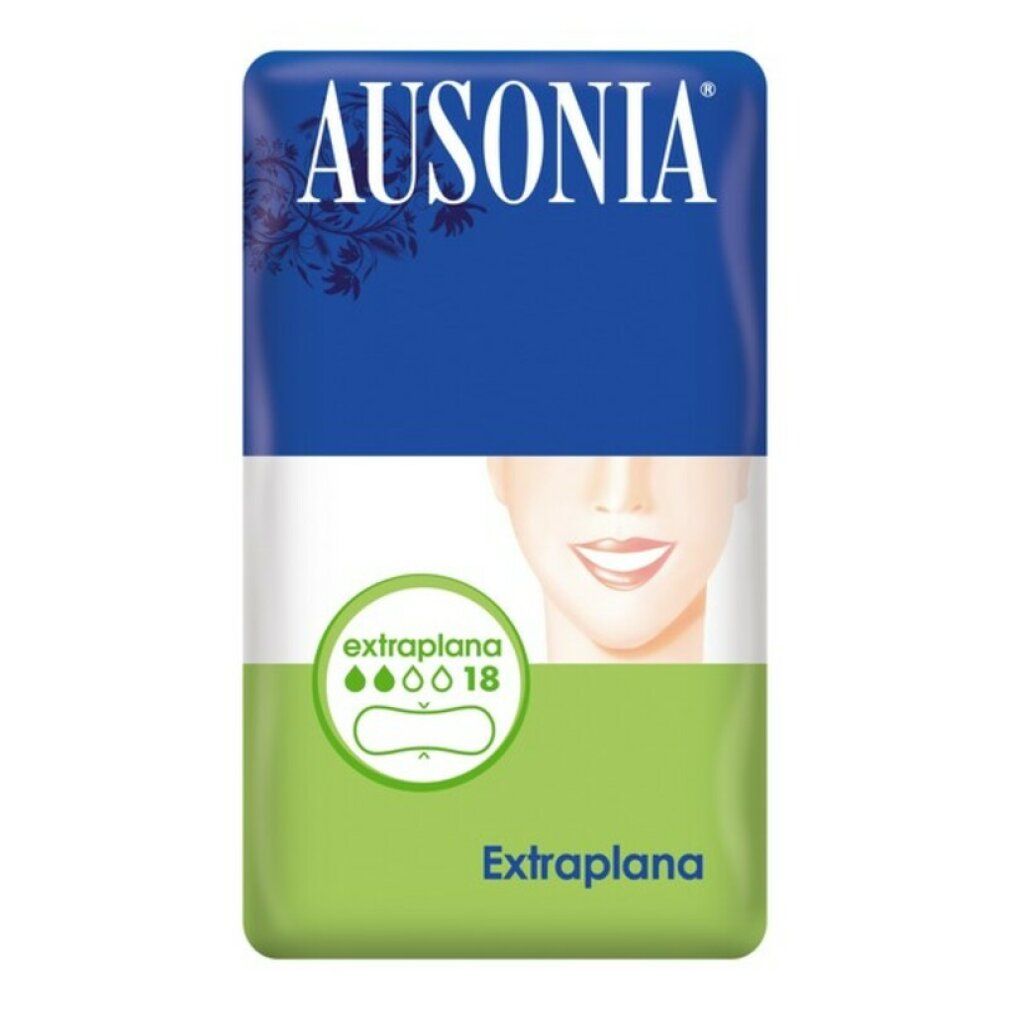 Verpackung mit Damenbinden. Marke Ausonia. Blau, weiß und grün. Aufdruck: Extraplana, 18 Stück. Abbildung eines Gesichts.