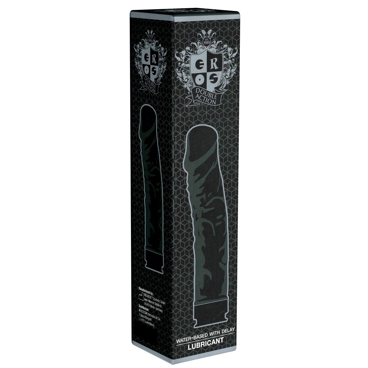 Verpackung für EROS Double Action Gleitmittel mit Abbildung eines schwarzen Produkts.