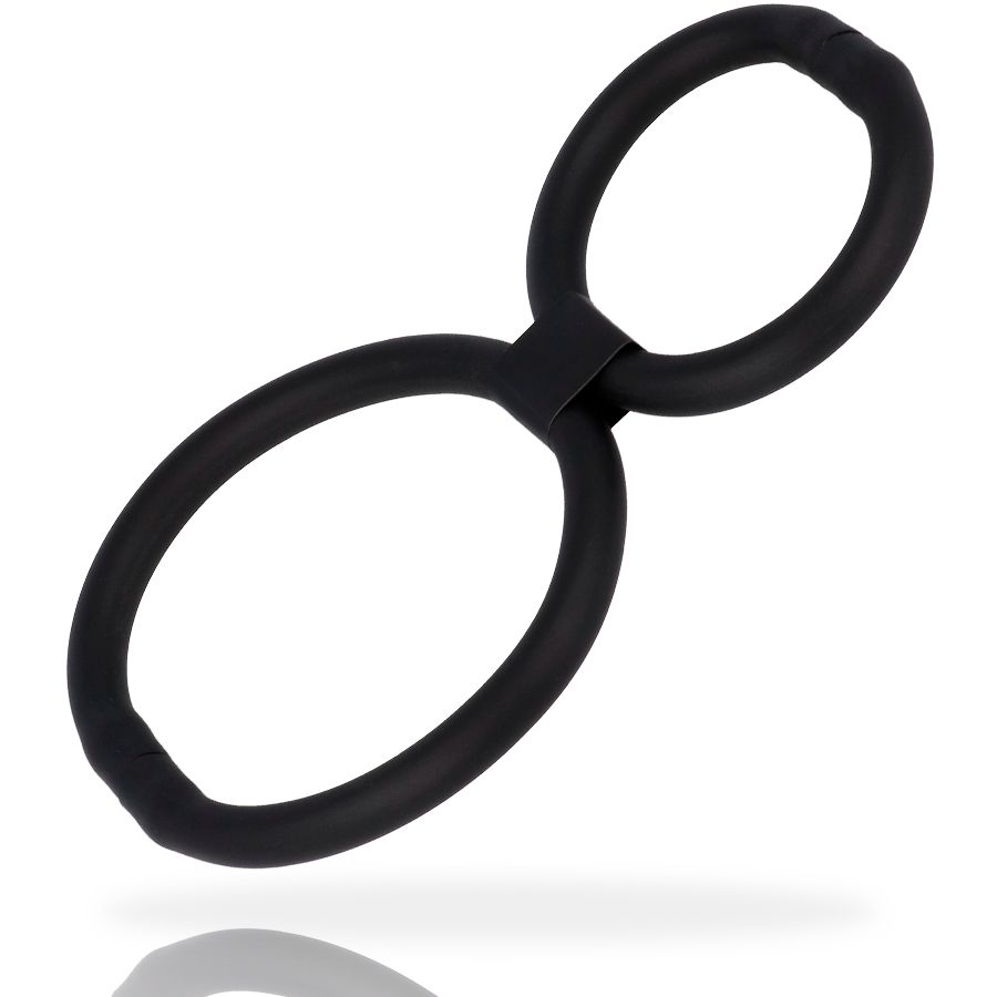 Ein schwarzer, verstellbarer Ring für den Penis, geformt wie eine Acht, auf weißem Hintergrund.