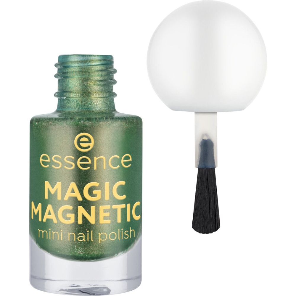 Grüner Nagellack mit Pinsel. Aufschrift: essence MAGIC MAGNETIC mini nail polish. Flasche und Pinsel sind getrennt.