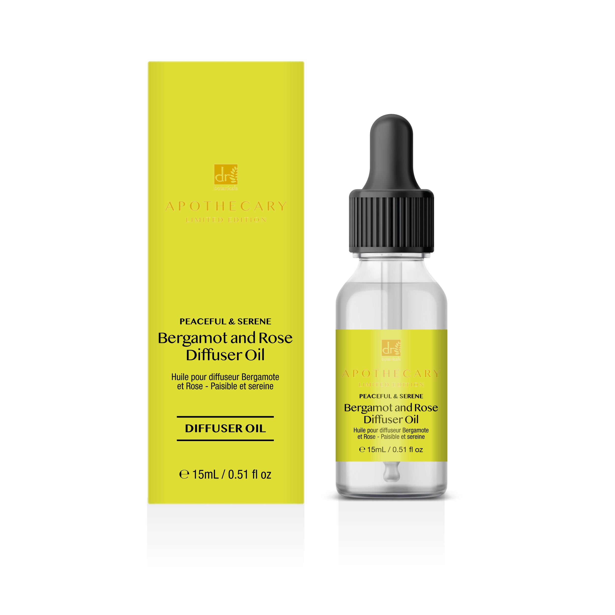 Fläschchen und Schachtel mit Aufschrift "Bergamot and Rose Diffuser Oil". Gelbe Verpackung, transparente Flasche mit Pipette.