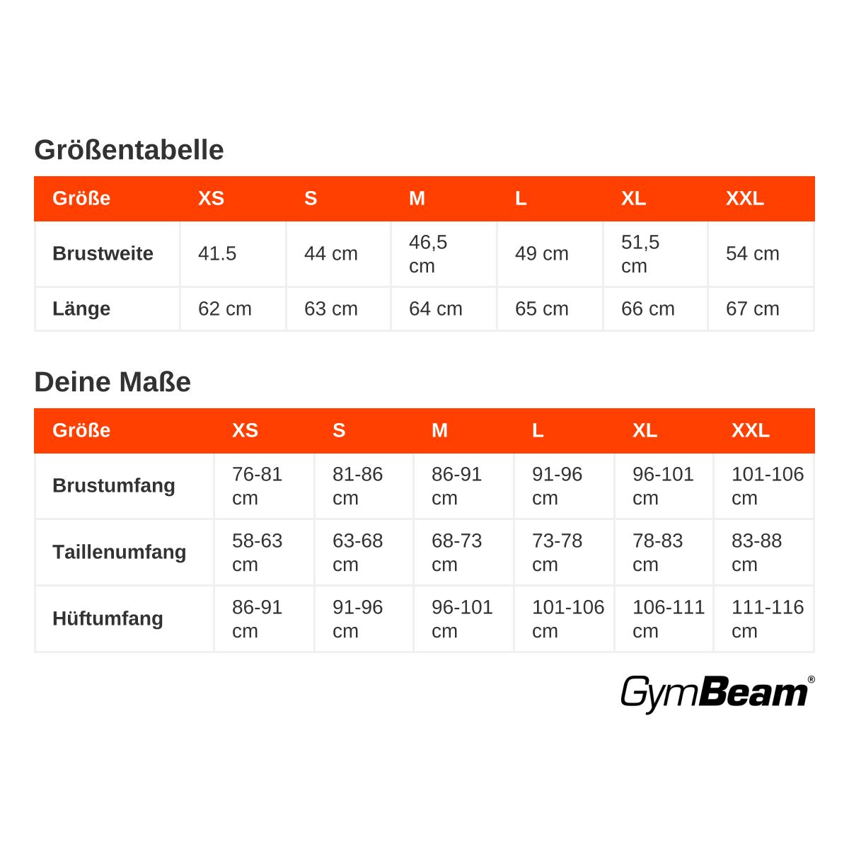 Größentabelle und Maße für Damen T-Shirts von GymBeam in verschiedenen Sprachen.