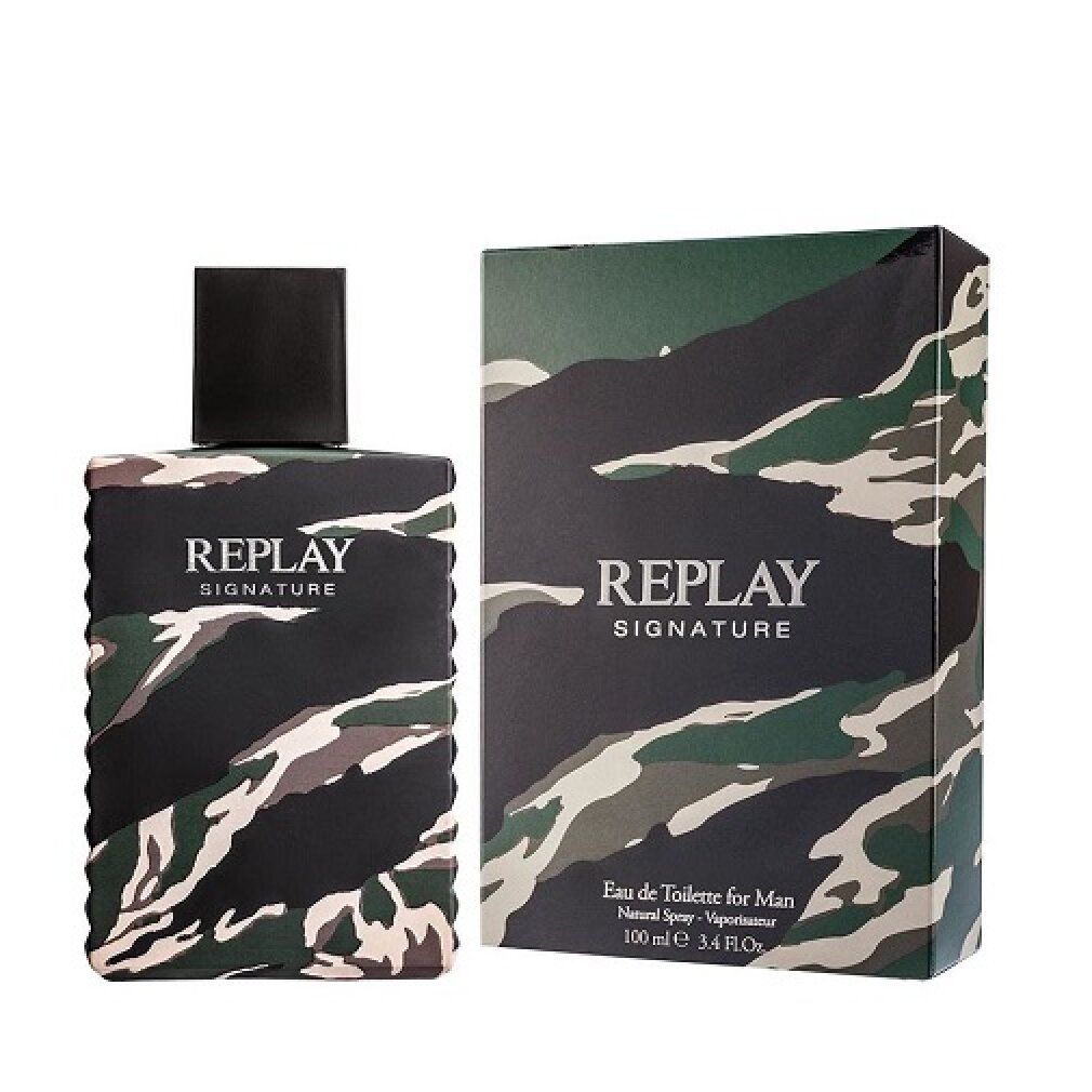 Flakon und Schachtel. Flakon mit Camouflage-Muster, schwarzem Verschluss. Schachtel mit Camouflage-Muster. Aufschrift: REPLAY SIGNATURE.