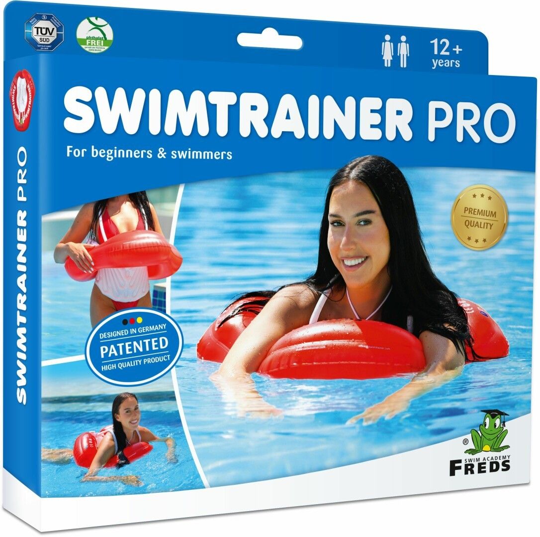 Verpackung des Swimtrainer Pro mit Frau im Wasser. Für Anfänger und Schwimmer ab 12 Jahren.