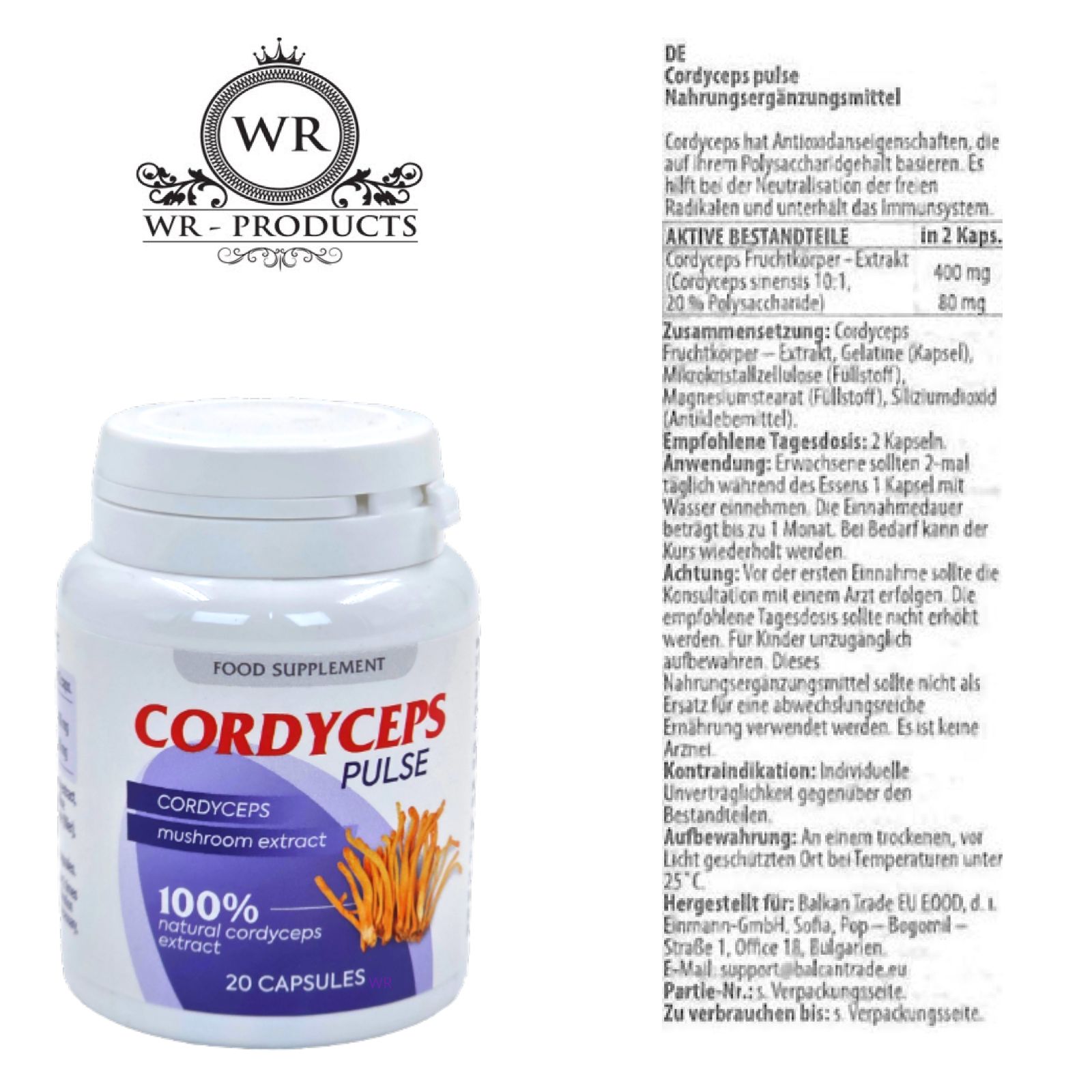 Weiße Flasche mit Etikett und Text. Aufschrift: Cordyceps Pulse, WR-PRODUCTS Logo, Inhaltsstoffe, empfohlene Tagesdosis, Anwendungshinweise.