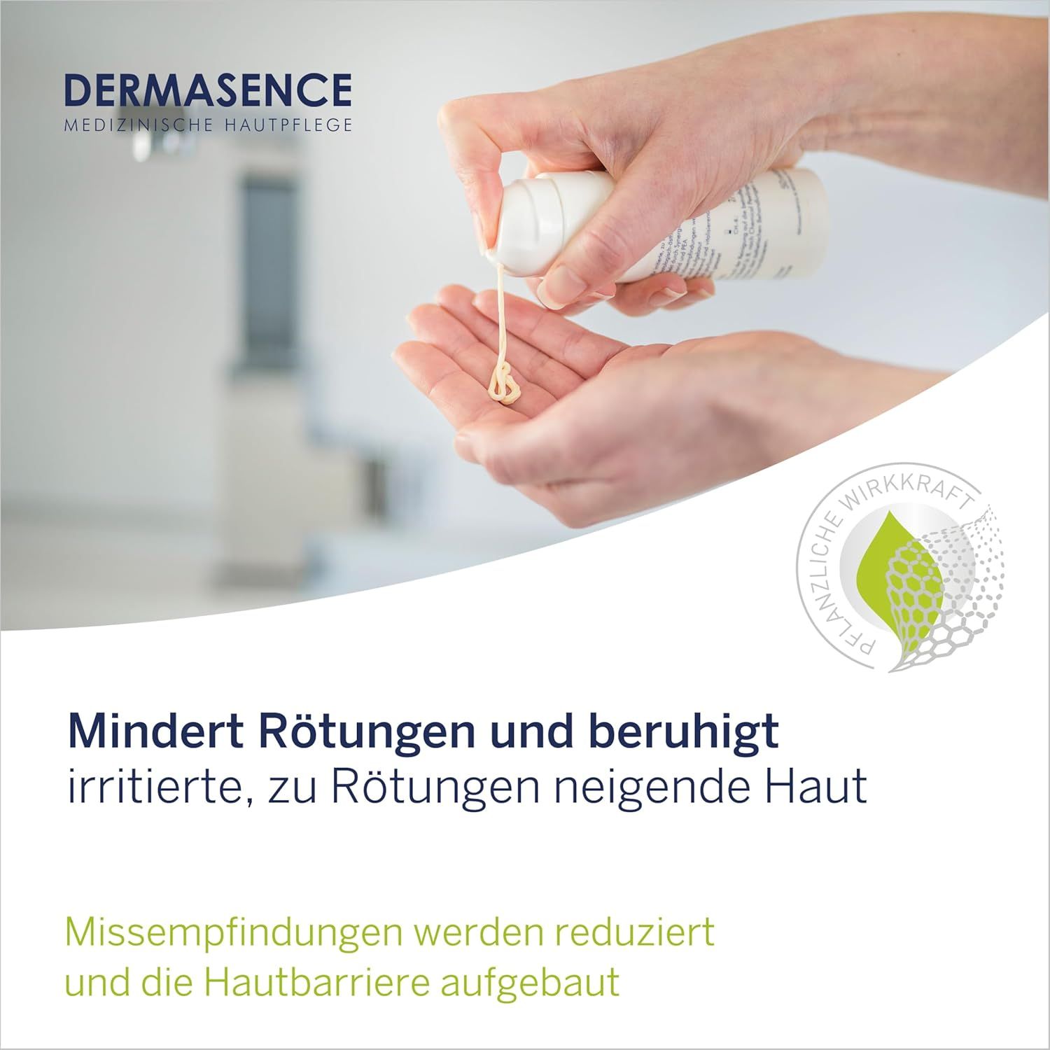 Hände halten eine Flasche, Produkt wird auf die Handfläche aufgetragen. Logo und Text. Pflanzliches Wirkkraft-Logo.