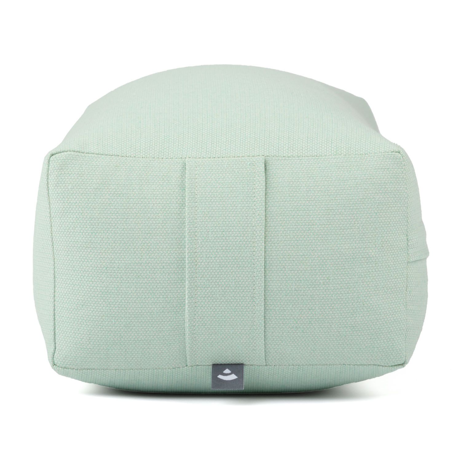Hellgrünes Yoga-Bolster, rechteckig mit abgerundeten Ecken. Logo unten.