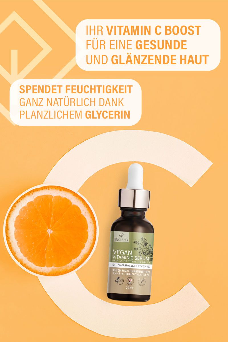 Produktflasche mit Orange und Text: "IHR VITAMIN C BOOST..." und "SPENDET FEUCHTIGKEIT..." auf orangefarbenem Hintergrund.