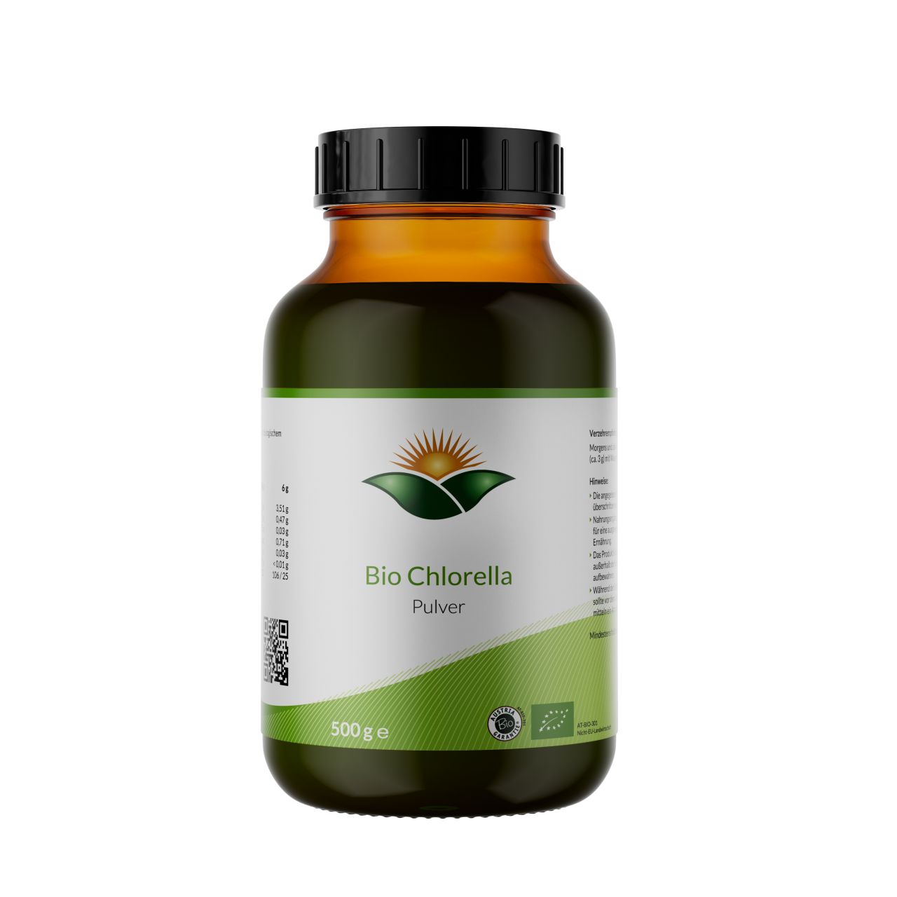 Braune Glasflasche mit schwarzem Deckel. Etikett mit Text: Bio Chlorella Pulver. 500g.