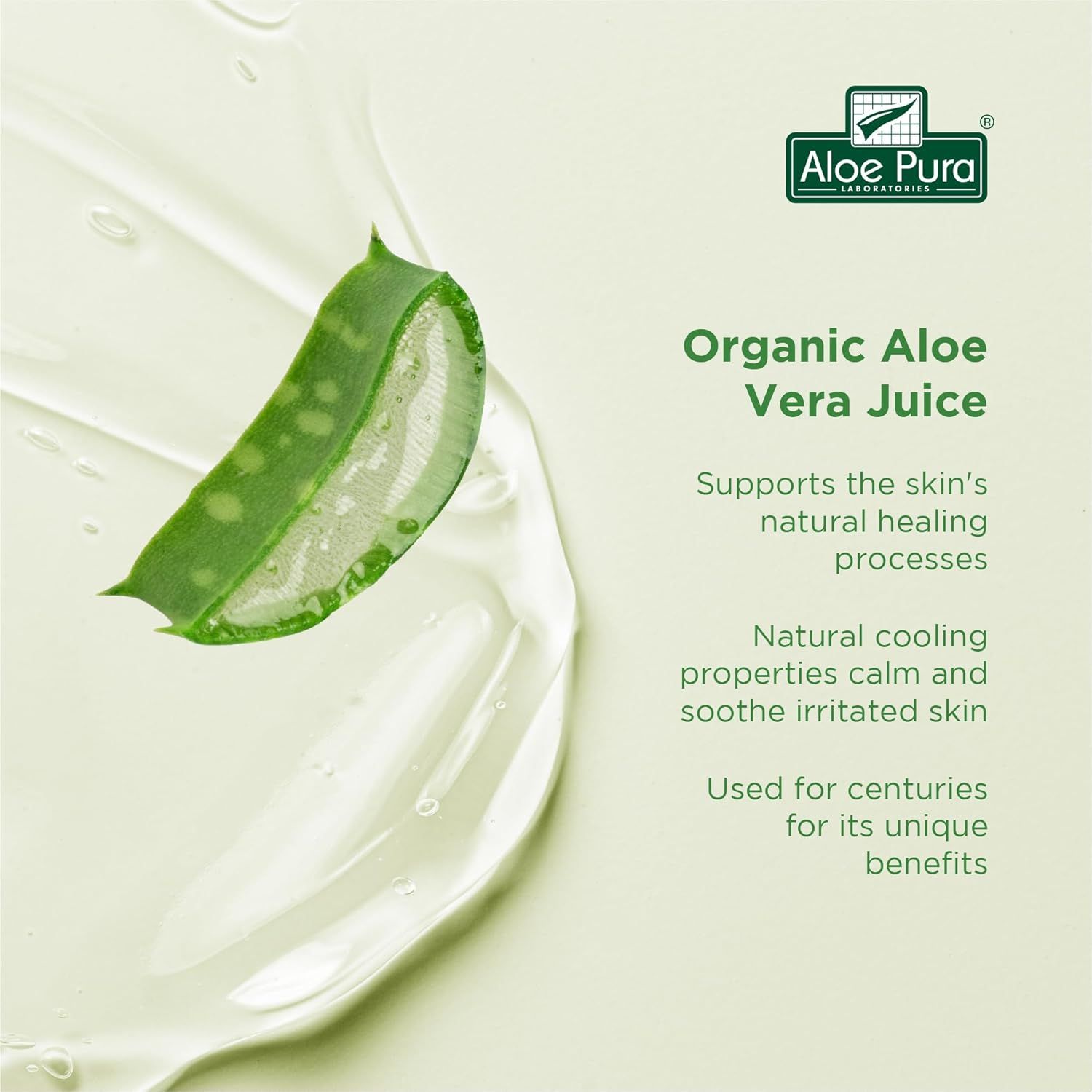 Aloe Vera Blatt und Gel. Text: Organischer Aloe Vera Saft. Unterstützt die natürlichen Heilungsprozesse der Haut. Kühle Eigenschaften beruhigen die Haut.