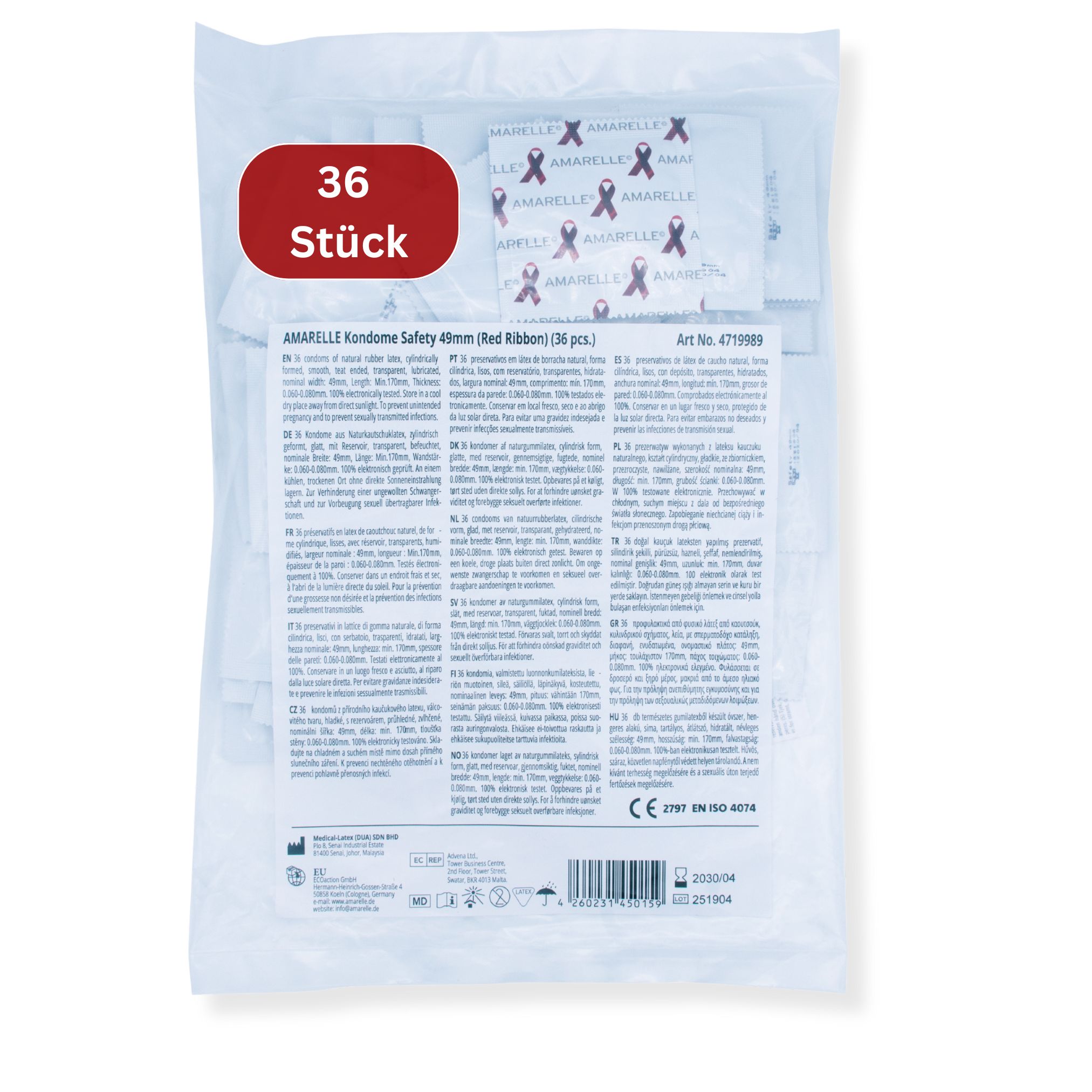 Beutel mit Kondomen. Roter Aufdruck "36 Stück". Text: Amarelle Kondome Safety 49mm (Red Ribbon) (36 pcs.).