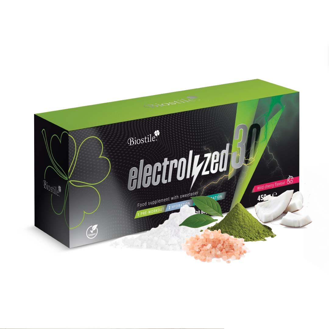 Biostile Electrolyzed30 Elektrolyt-Pulver Schachtel mit Darstellung der Vorteile gegenüber anderen Elektrolyten.