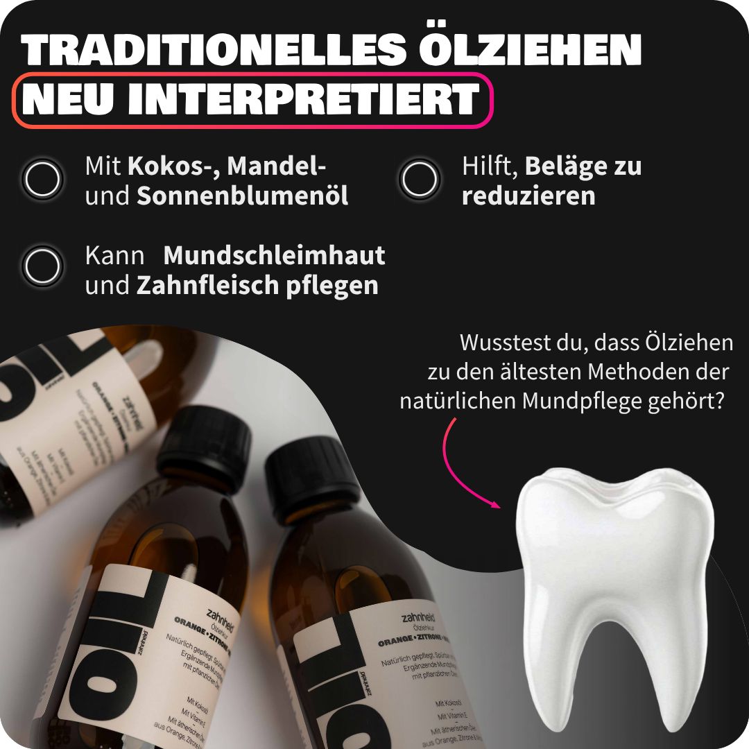 Mehrere Zahnheld Mundzieöl Flaschen und ein Zahn, Text über traditionelles Ölziehen.