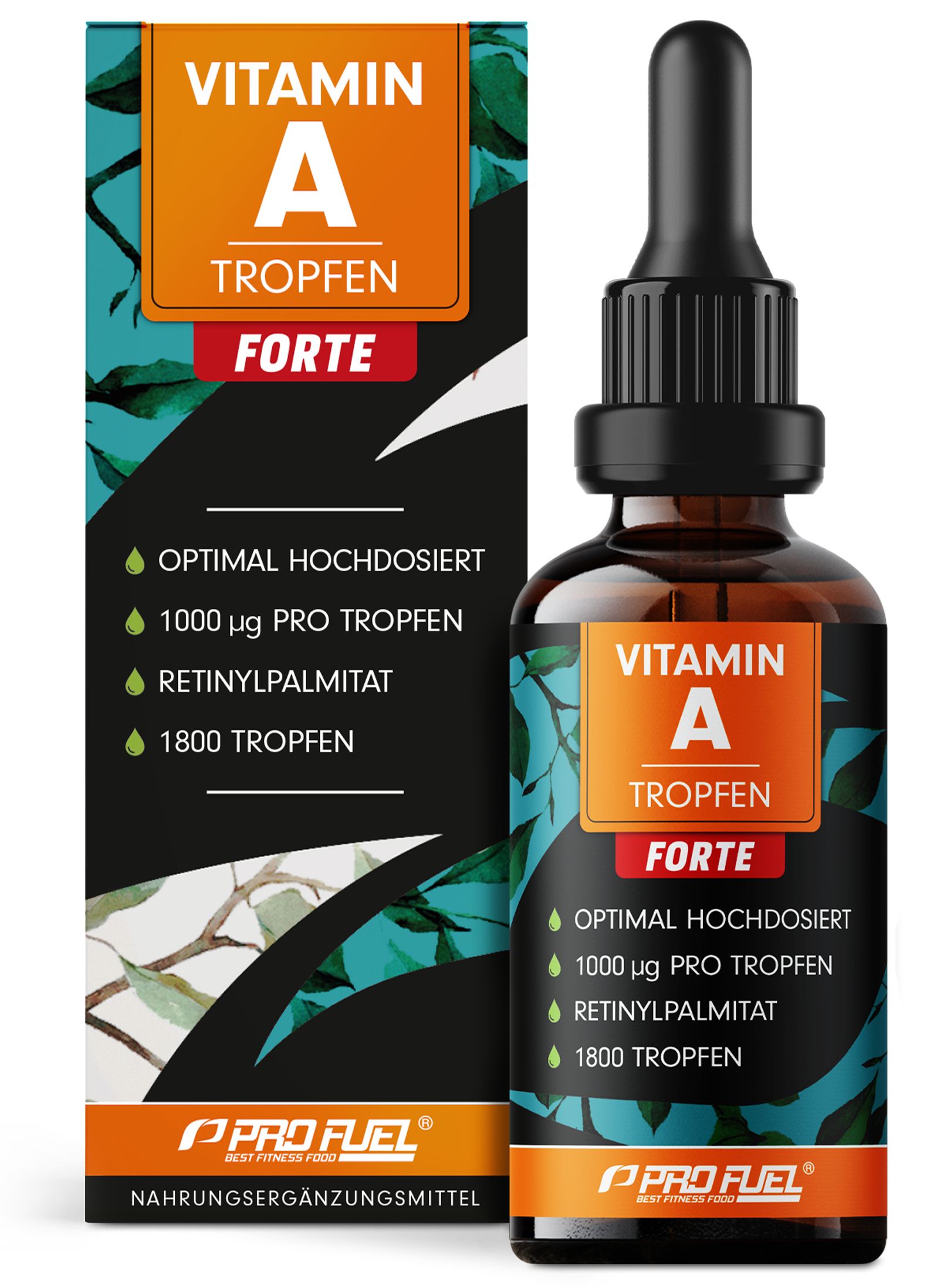 Braune Glasflasche mit schwarzem Deckel und Pipette. Orangefarbenes Etikett mit weißer Schrift: Vitamin A Tropfen Forte. Grüne Verpackung daneben.