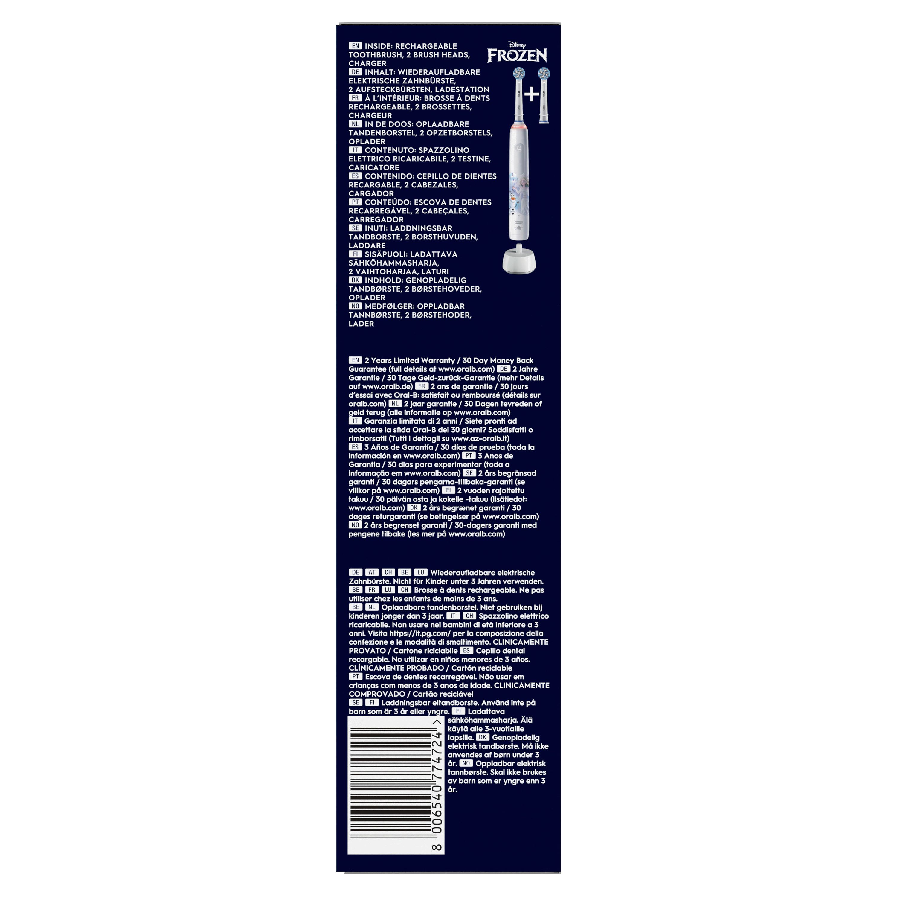 Rückseite der Verpackung. Oral-B Pro Junior 6+ Frozen. Informationen zur Zahnbürste und Garantie.