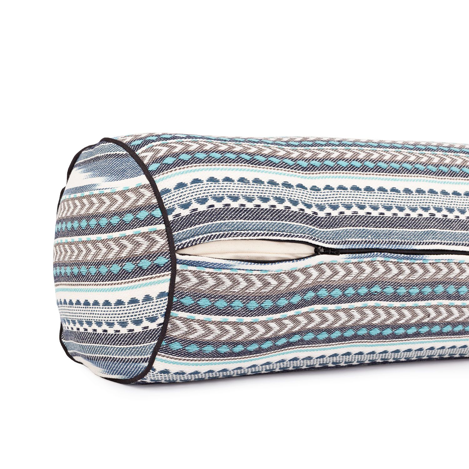 ETHNO Collection: Yoga-Bolster (rund), Ikat-Webstoff, schwarz-weiß-blau gem., Dinkelhülsen