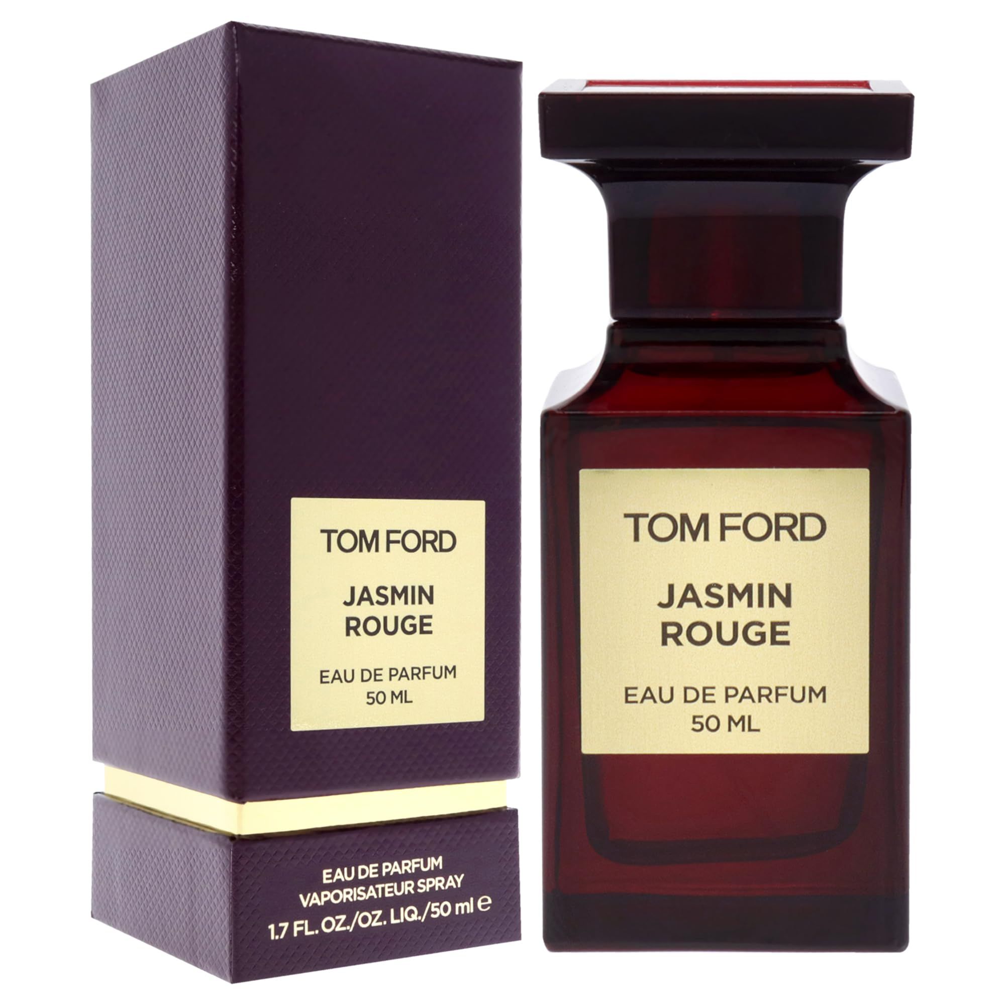 Dunkelroter Flakon und Verpackung. Aufschrift: Tom Ford Jasmin Rouge. Eau de Parfum. 50 ml. Rechteckige Form.
