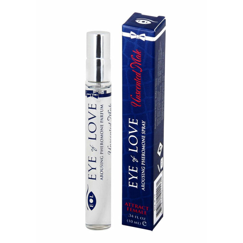 Ein Flakon und eine Schachtel des "Eye of Love" Pheromon-Sprays für Männer, geruchlos.
