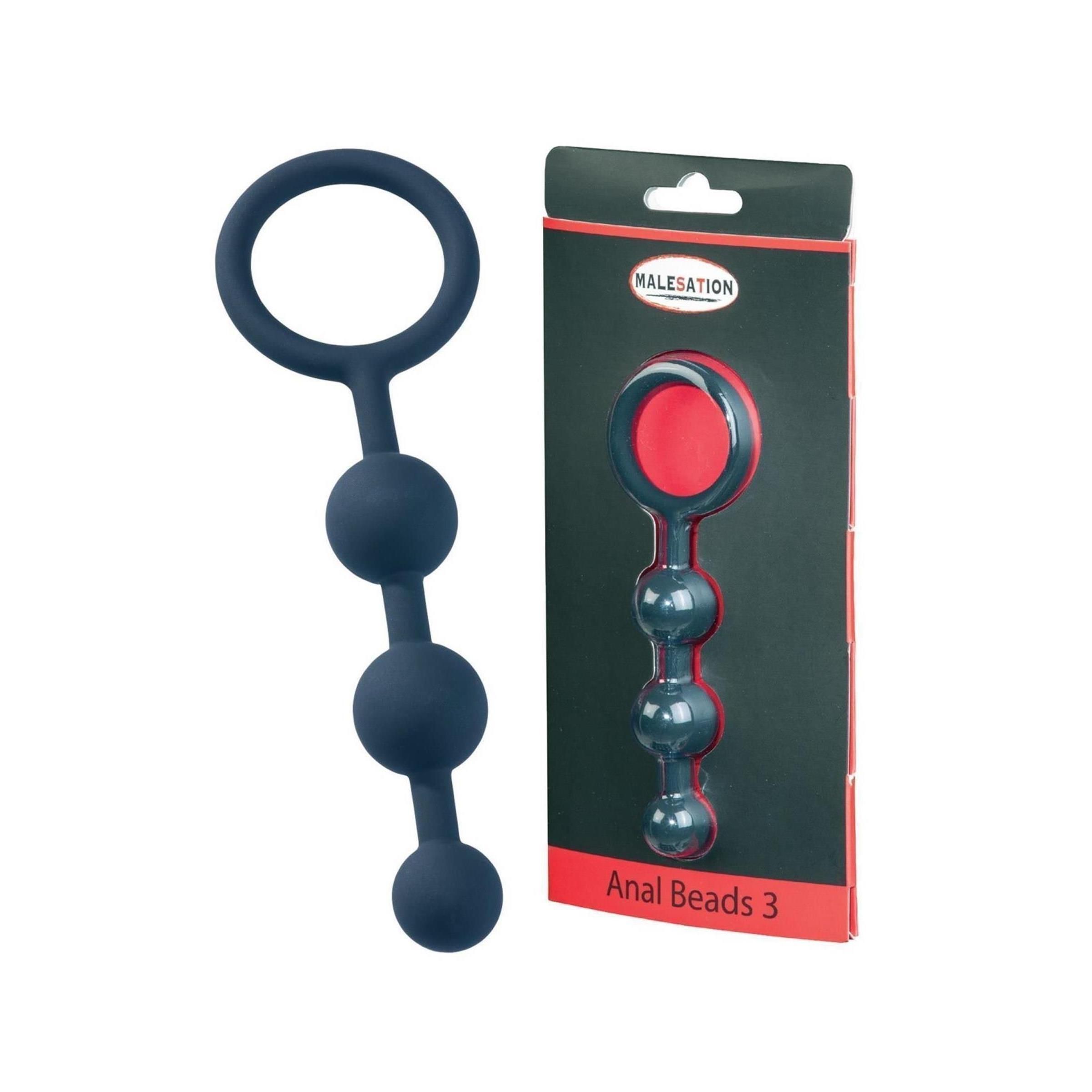 Dunkelblaue Anal Beads mit drei Kugeln und einem Ring aus Silikon. In Verkaufsverpackung.