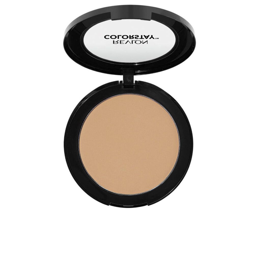 Runder, gepresster Puder in einem schwarzen Behälter, Deckel geöffnet. REVLON COLORSTAY ist sichtbar.