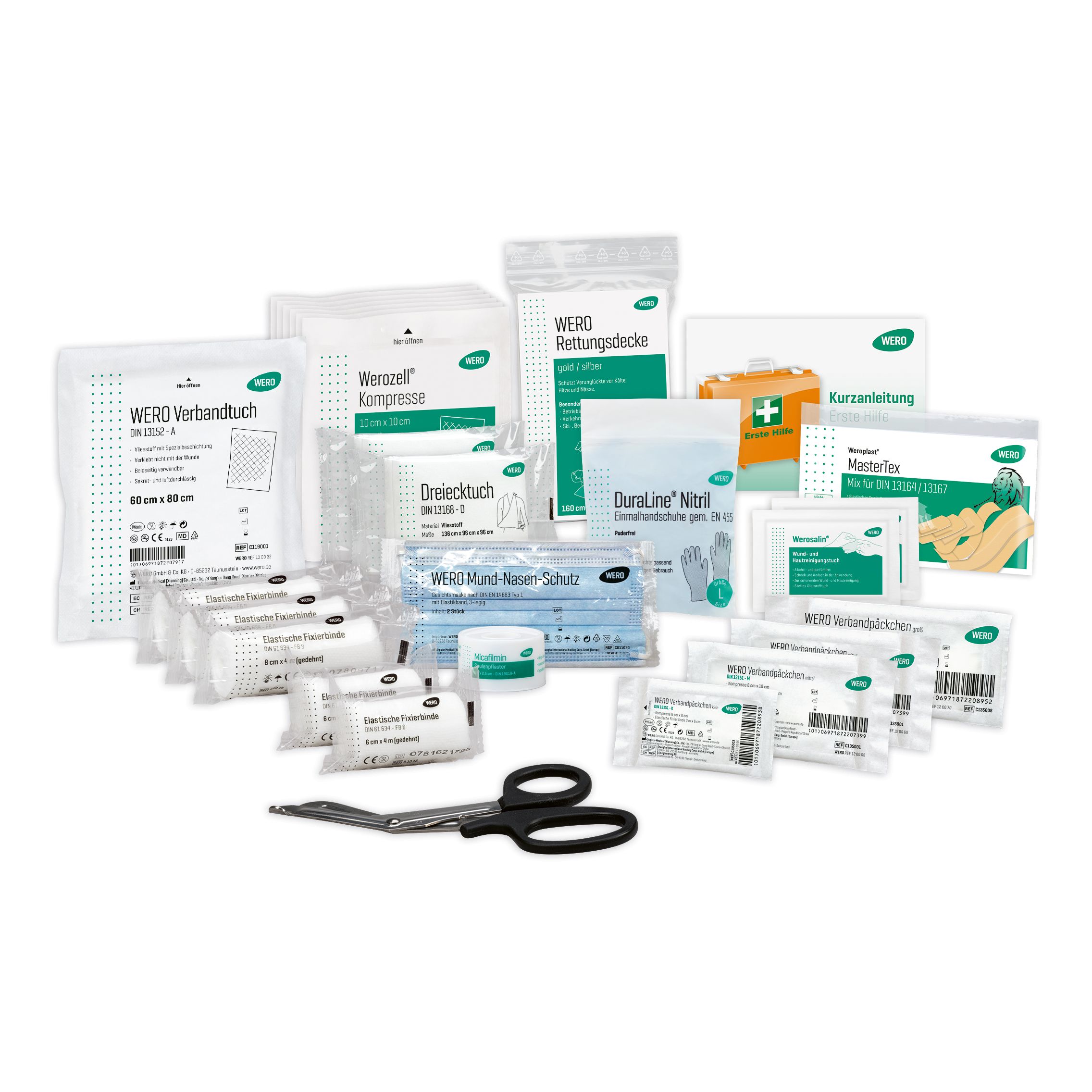 Erste-Hilfe-Set für Kraftfahrzeuge. Enthält Verbandmaterial, Kompressen, Dreiecktuch, Mund-Nasen-Schutz, Handschuhe, Schere und weitere Artikel.