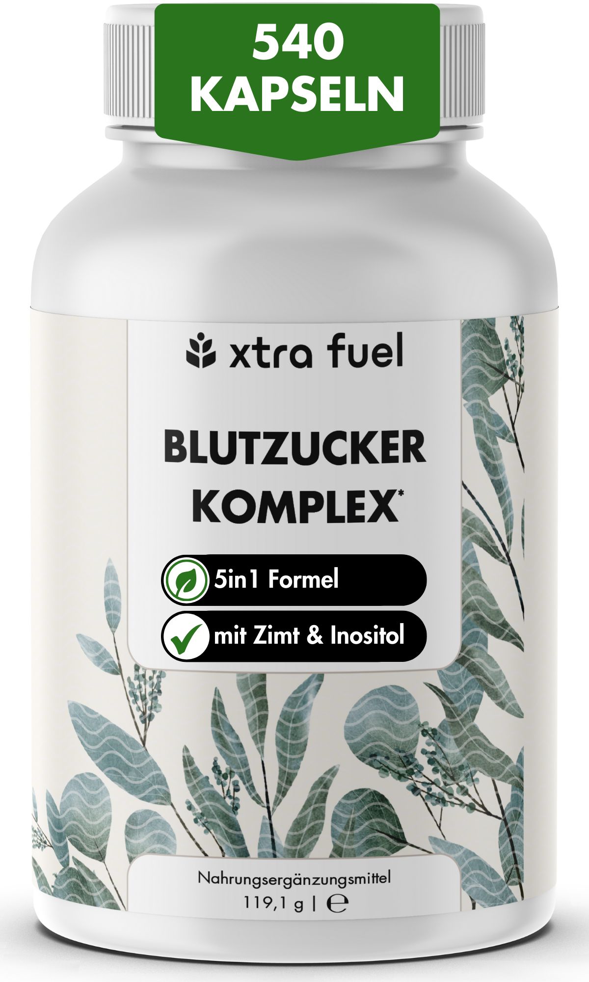 Weiße Flasche mit Kapseln. Aufschrift: XTRA FUEL Blutzucker Komplex. 540 Kapseln. Grün-weiße Etikett mit Blättern.