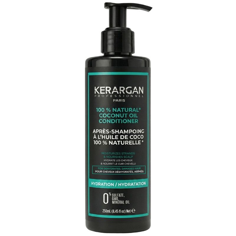 Schwarze Flasche mit Pumpe. Aufschrift: Kerargan, 100% Natural Coconut Oil Conditioner. Text in Französisch. 250ml.