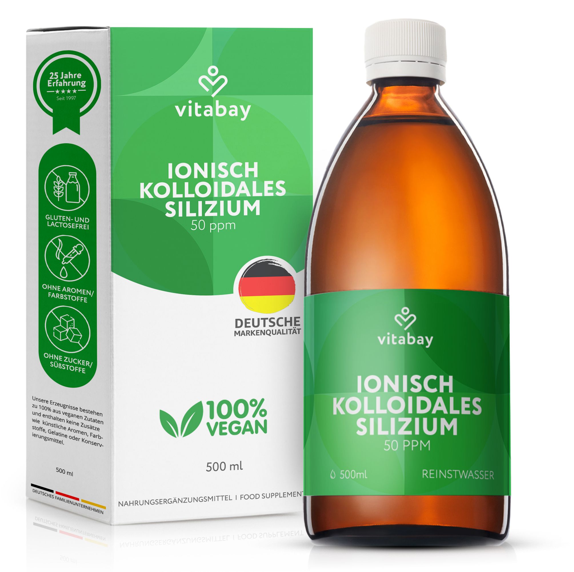 Vitabay Ionisch Kolloidales Silizium 50 ppm in Braunglasflasche mit Kartonverpackung. 500 ml.