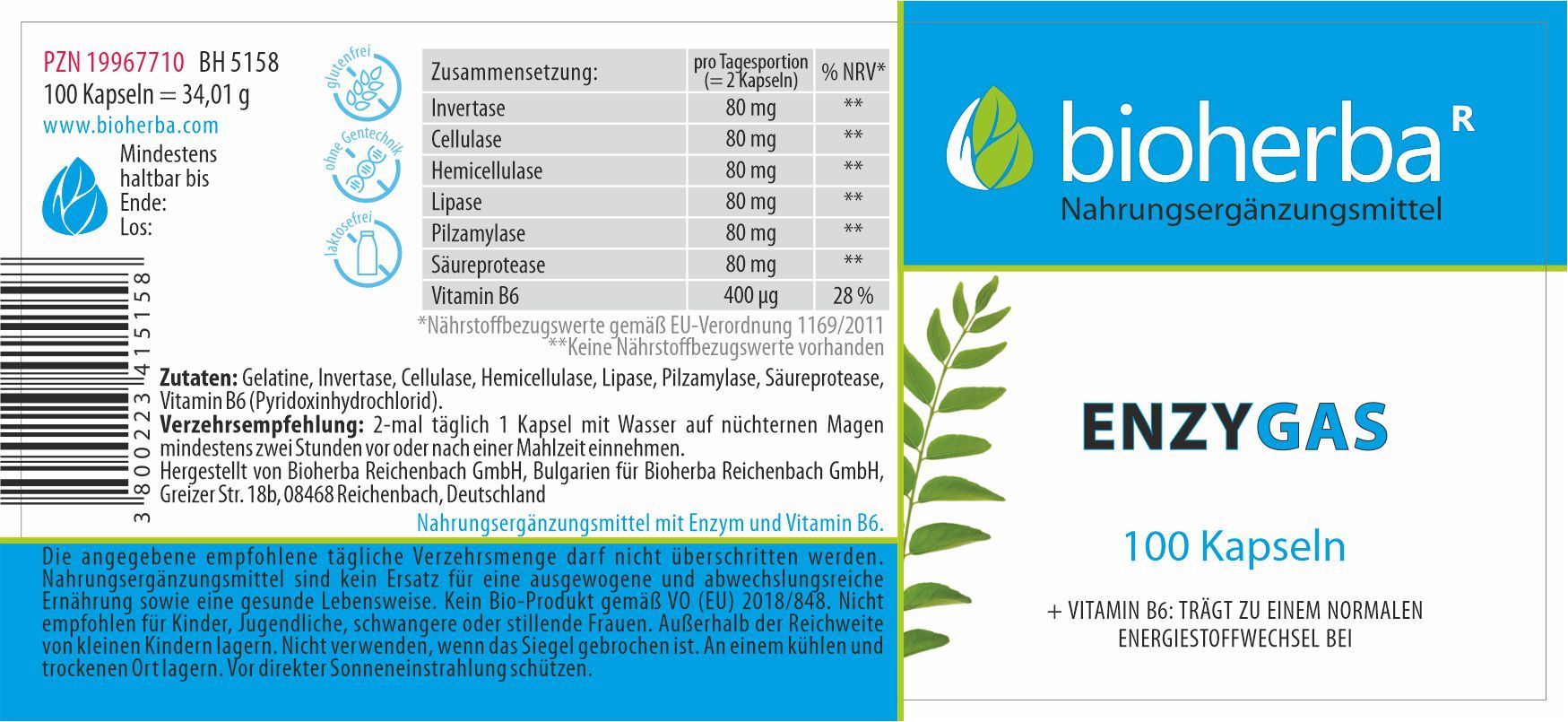 Etikett mit Produktinformationen. Aufschrift: bioherba, Enzygas, 100 Kapseln. Enthält Vitamin B6. Inhaltsstoffe und Dosierung.