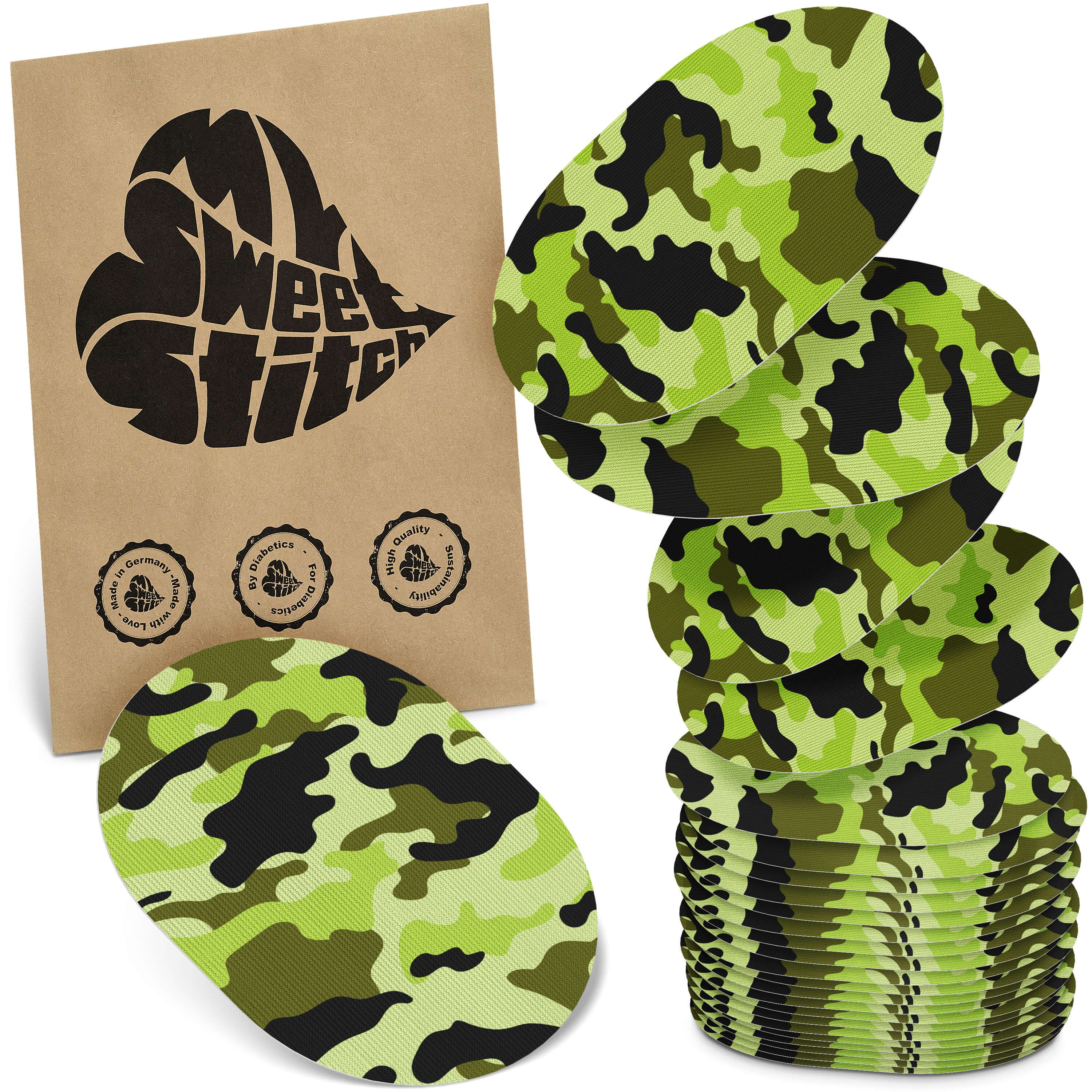 Ovale Pflaster mit Tarnmuster in Grün- und Schwarztönen. Verpackung mit Logo 'MySweetStitch'.