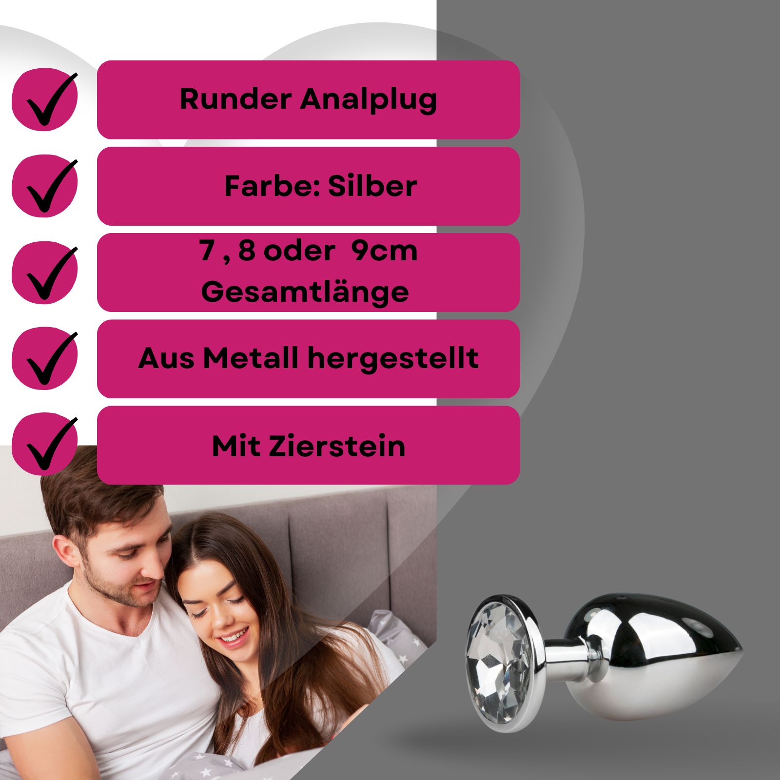 Produktabbildung mit Text: Runder Analplug, Farbe: Silber, 7, 8 oder 9cm Gesamtlänge, aus Metall, mit Zierstein.