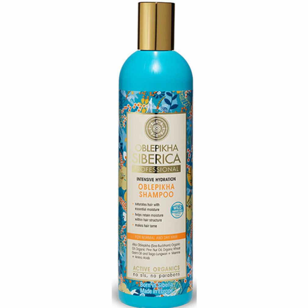Türkisblaue Shampoo-Flasche mit goldenem Deckel. Etikett mit floralem Muster und Produktinformationen. Oblepikha Siberica Professional.