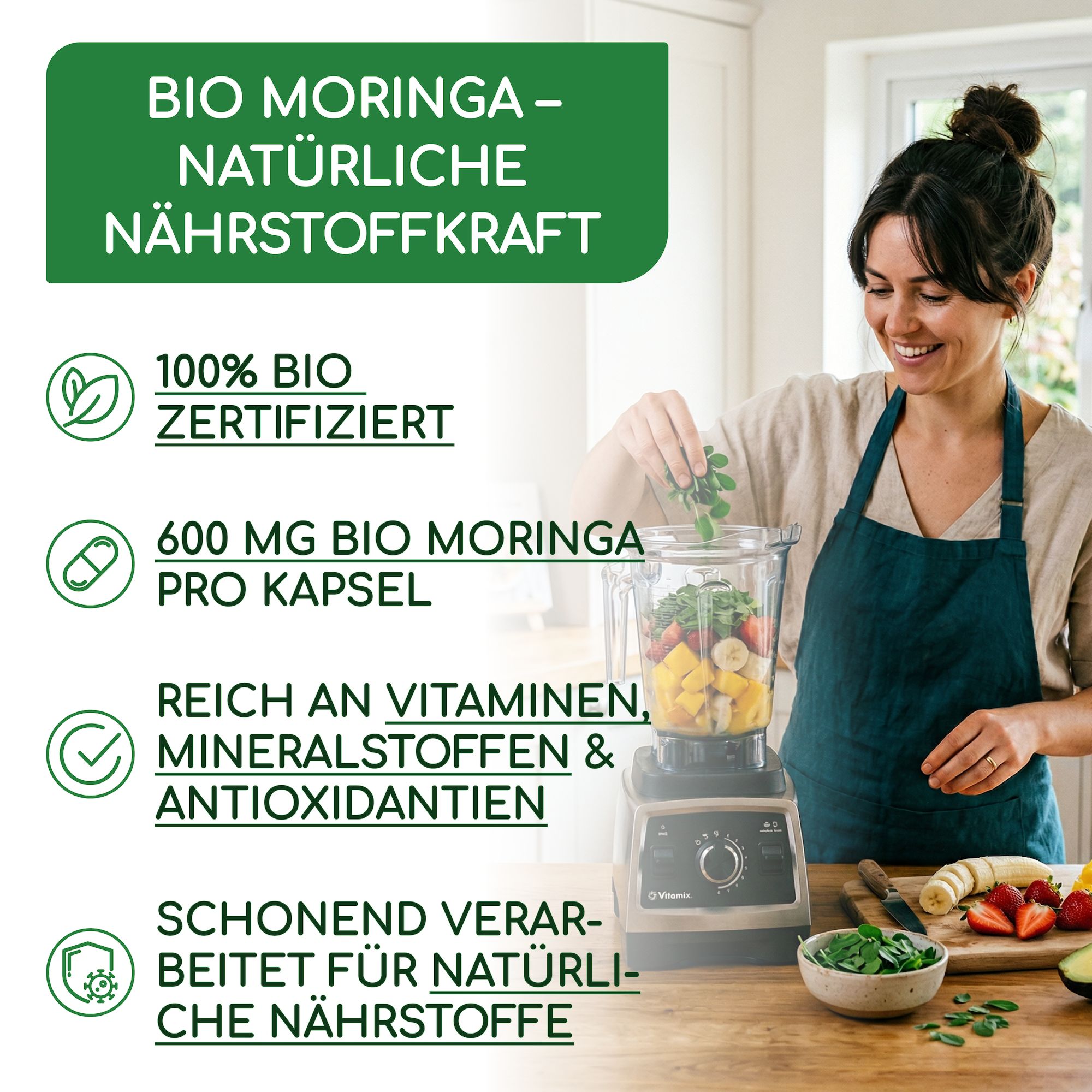 Bio Moringa Kapseln hochdosiert 2400 mg - vegane, laborgeprüft, glutenfrei & laktosefrei - RAIBU