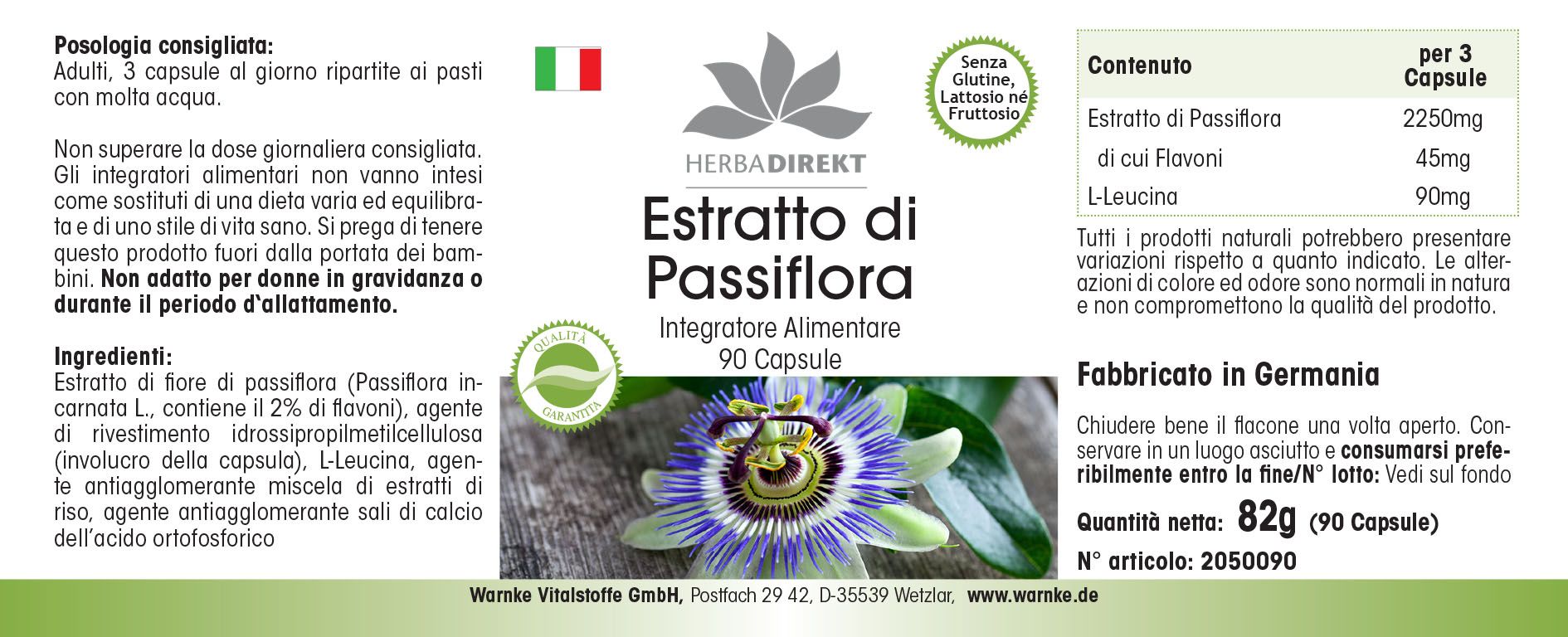 Etikett auf weißem Pillenfläschchen. Aufschrift: Estratto di Passiflora, Integratore Alimentare, 90 Capsule. Logo: Herbadirekt. Siegel: Garantierte Qualität. Hergestellt in Deutschland.