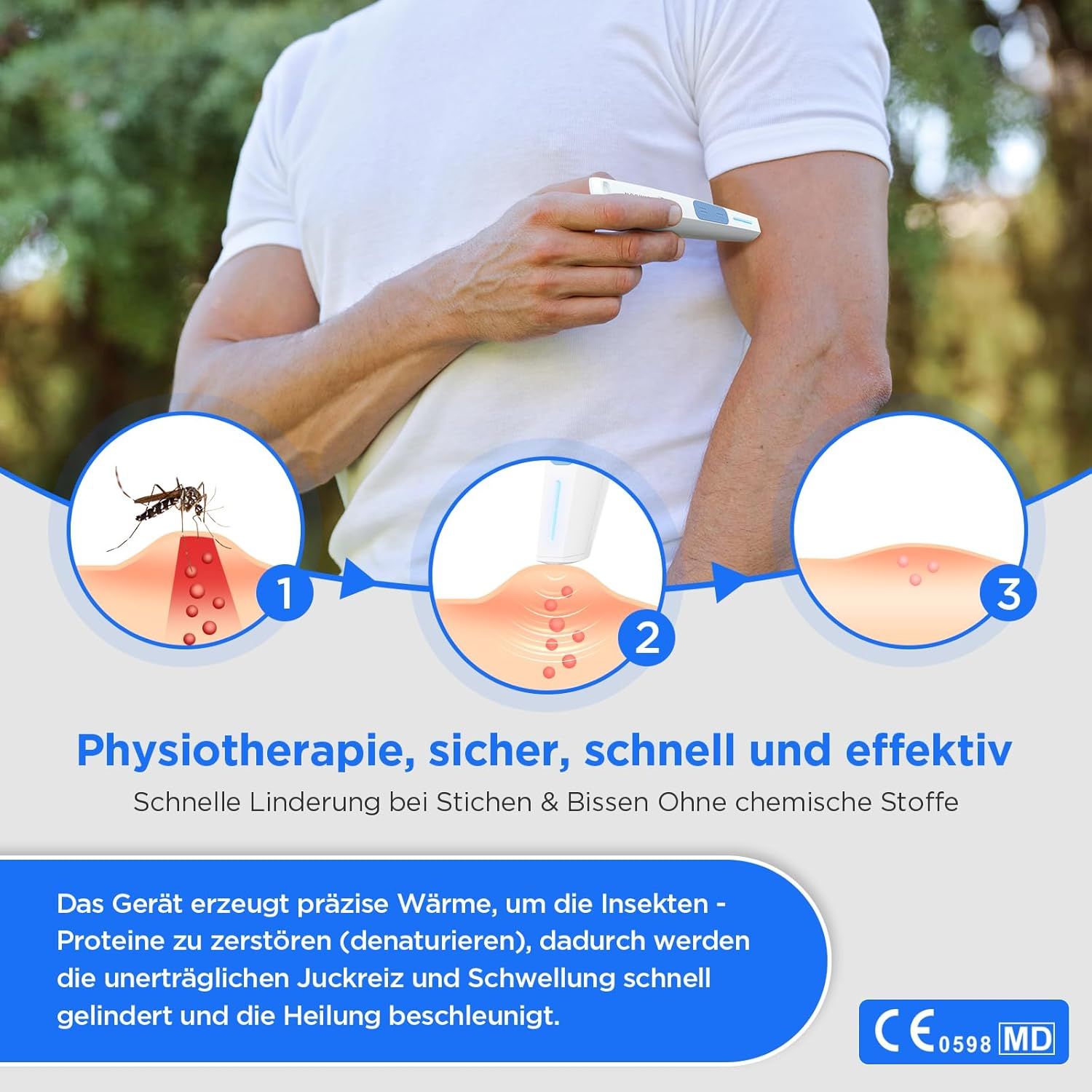 Person demonstriert die Anwendung des weißen Insektenstichheilers am Arm. Grafische Darstellung des Wirkprinzips. Text: Physiotherapie, sicher, schnell und effektiv.