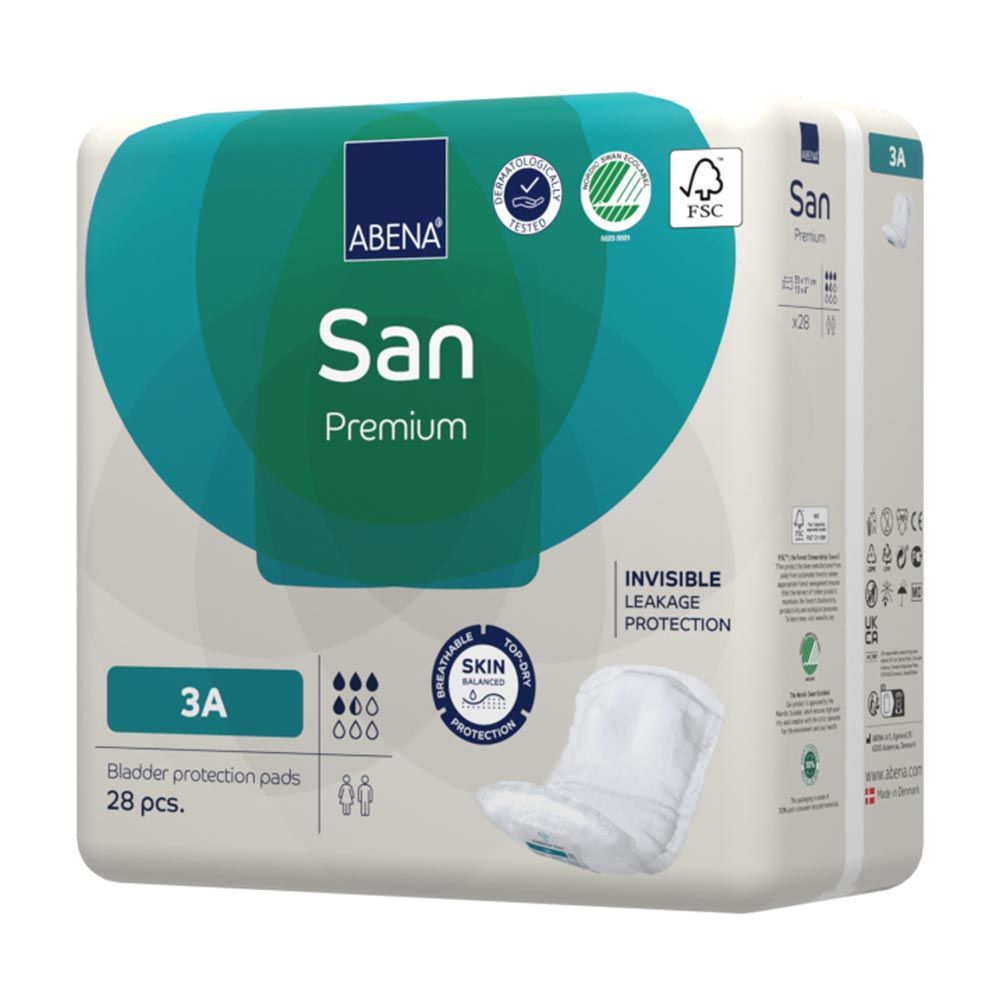 Verpackung ABENA San Premium Einlagen. Weiß-türkis Design. Produktbezeichnung, Logo, "3A" und Zertifizierungen.