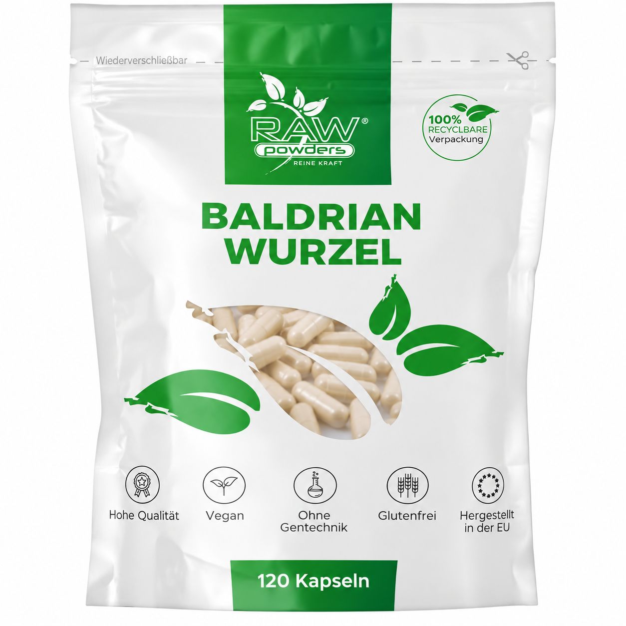 Verpackung mit 120 Kapseln Baldrianwurzel. Enthält Symbole für Hohe Qualität, Vegan, Ohne Gentechnik, Glutenfrei und Hergestellt in der EU.